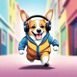 A high-resolution photograph showcasing a real-life corgi, chubby and adorable, donning a stylish hoodie, with a pair of headphones resting on its ears