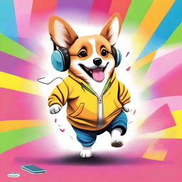 A high-resolution photograph showcasing a real-life corgi, chubby and adorable, donning a stylish hoodie, with a pair of headphones resting on its ears