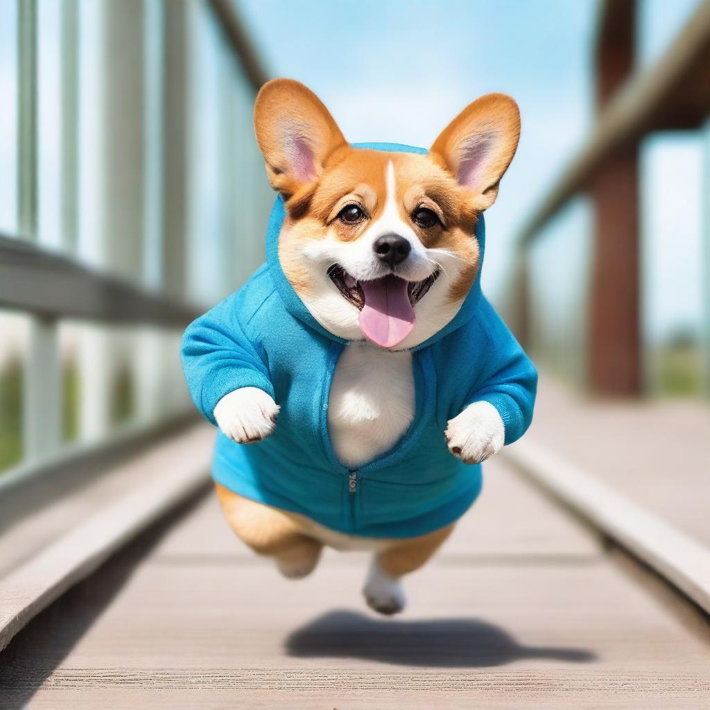 A high-quality, real-life photograph depicts a chubby corgi wearing a trendy hoodie and headphones