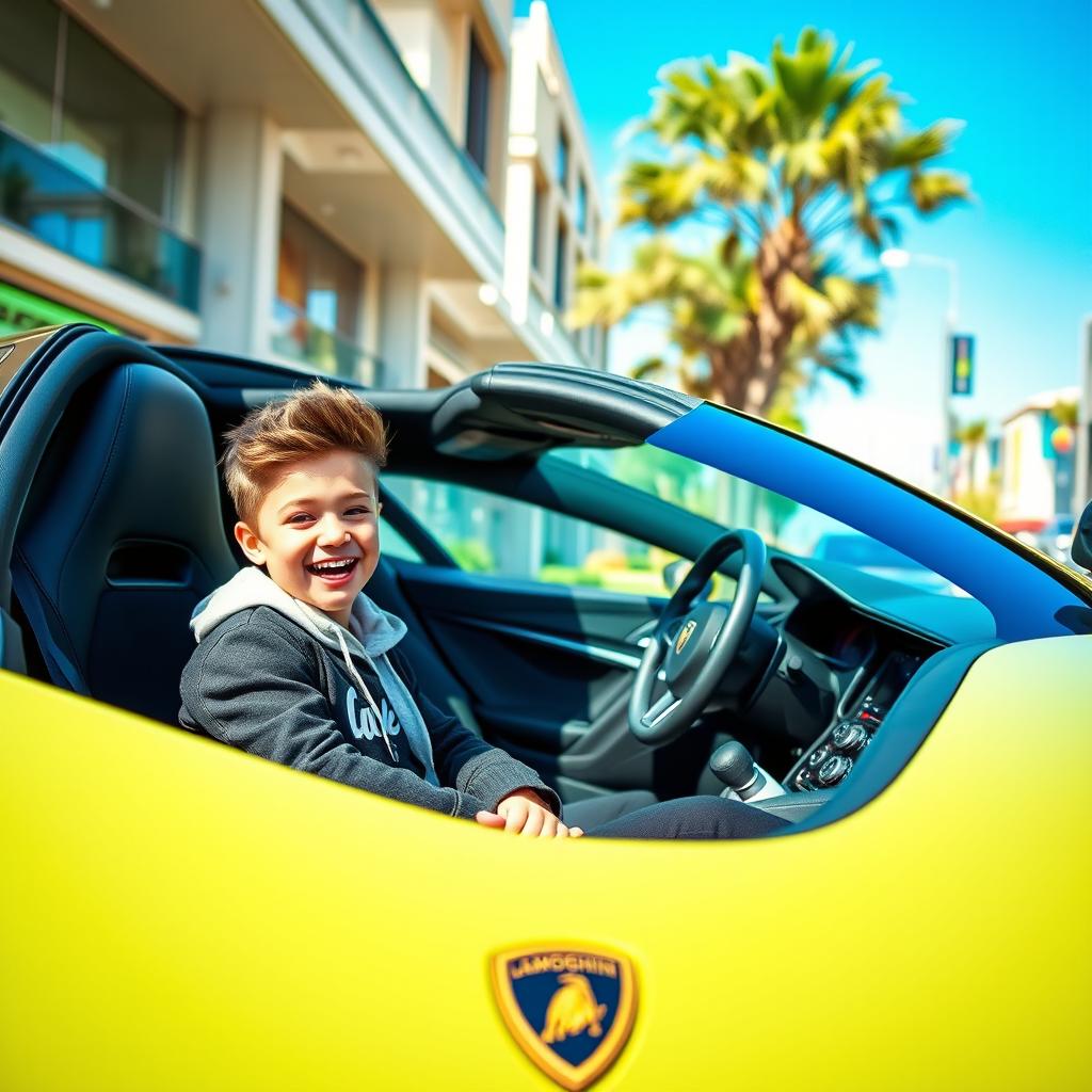 A teenage boy sitting in the front of a sleek Lamborghini, displaying excitement and joy