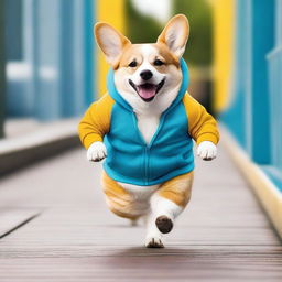 A high-quality, real-life photograph depicts a chubby corgi wearing a trendy hoodie and headphones