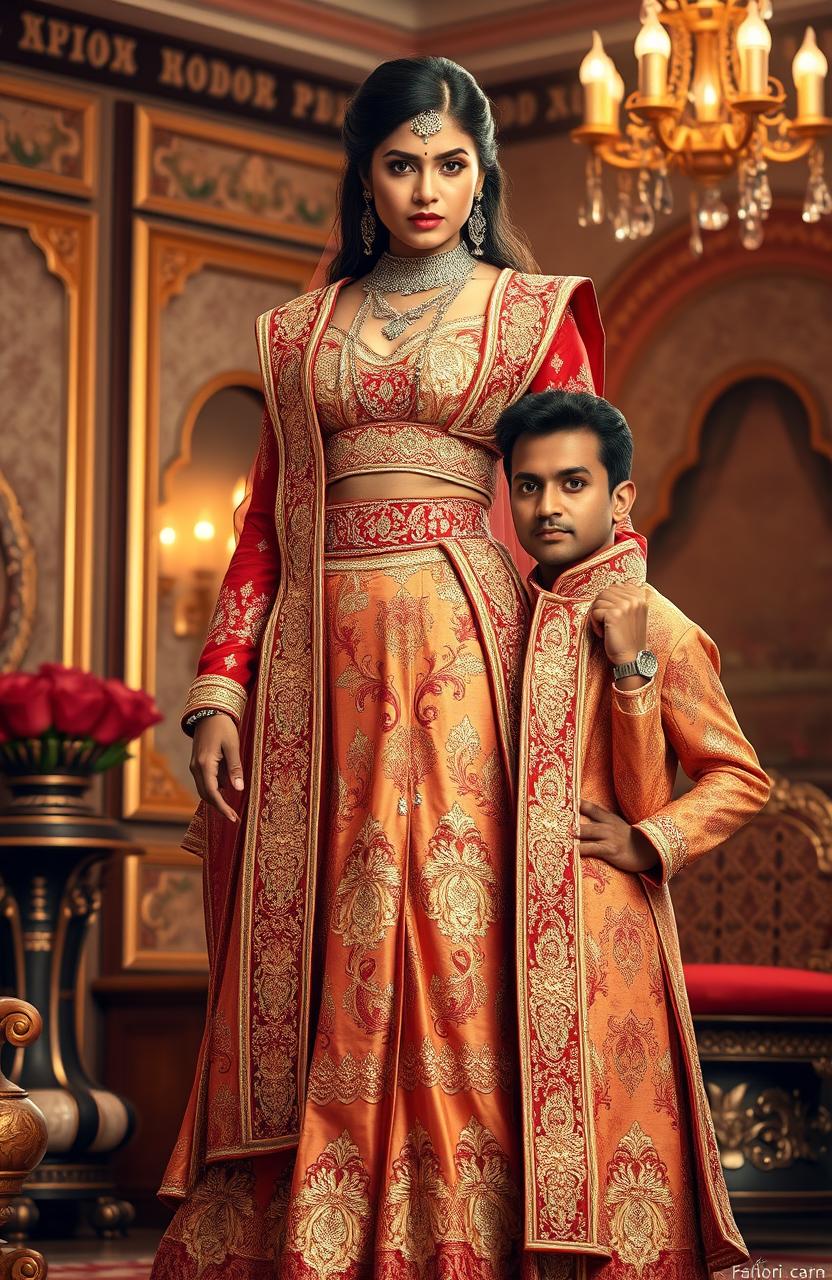 A powerful female lead in an arranged marriage scenario, exuding confidence and authority