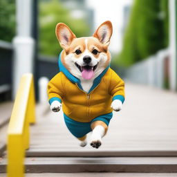 A high-quality, real-life photograph depicts a chubby corgi wearing a trendy hoodie and headphones