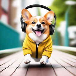 A high-quality, real-life photograph depicts a chubby corgi wearing a trendy hoodie and headphones