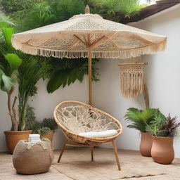 An aesthetically pleasing outdoor garden featuring a macrame umbrella, a rattan chair, and decorative bamboo accessories