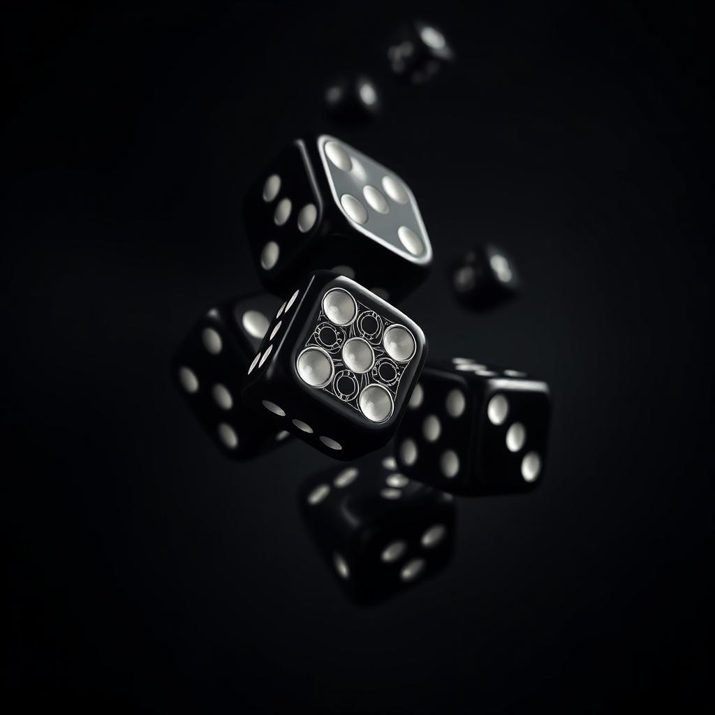 An artistic representation of black dice falling through the air, captured mid-drop