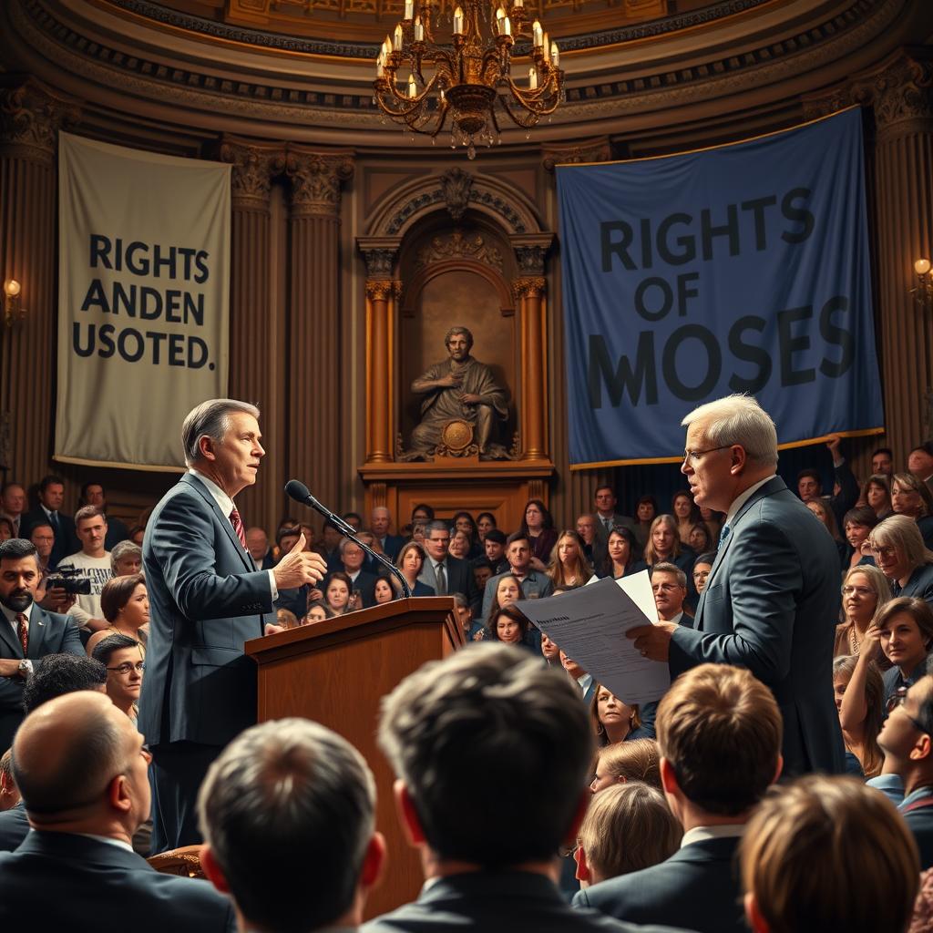 A powerful political scene depicting a debate between individuals representing opposing views on rights and wrongs