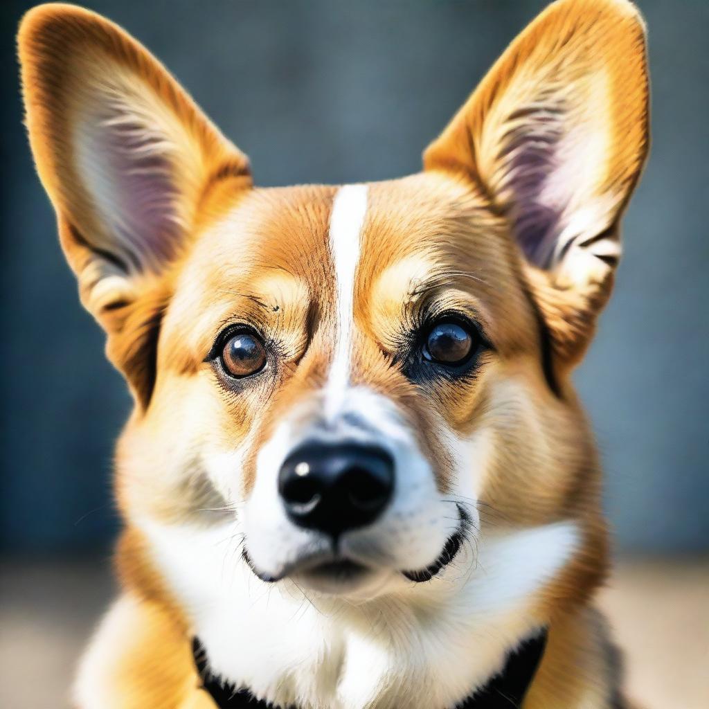 A high-definition, real-life photograph captures the face of a tough-looking corgi