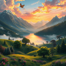 A stunning game background inspired by the original Final Fantasy, featuring lush, fantastical landscapes