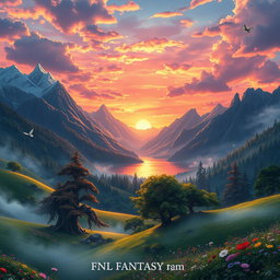 A stunning game background inspired by the original Final Fantasy, featuring lush, fantastical landscapes