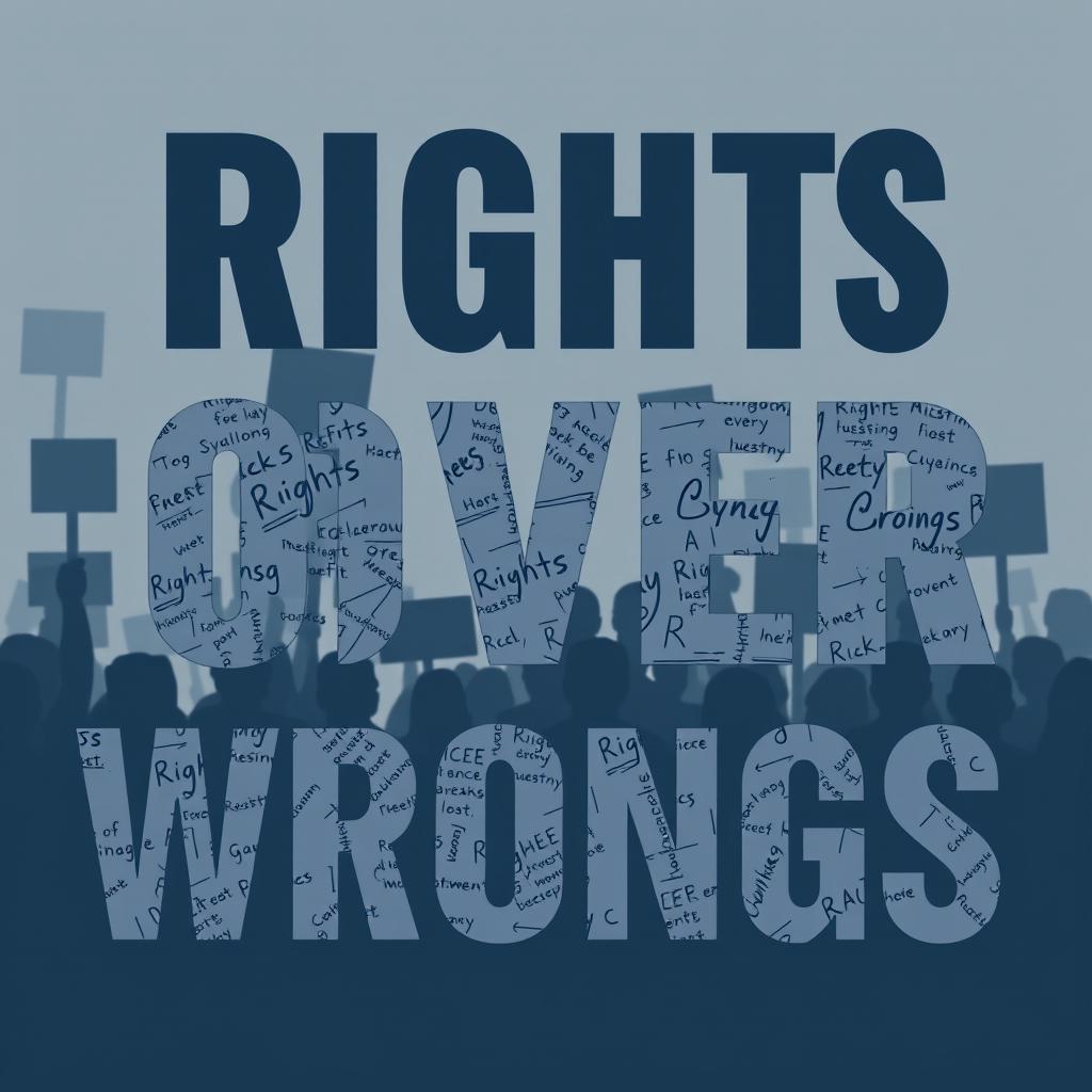 A serious and impactful representation of the phrase 'Rights Over Wrongs' in prominent, bold lettering
