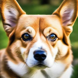 A high-definition, real-life photograph captures the face of a tough-looking corgi