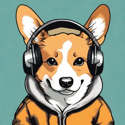 A high-resolution, real-life photograph presents a tough-looking corgi wearing a street-style hoodie and headphones