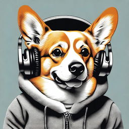 A high-resolution, real-life photograph presents a tough-looking corgi wearing a street-style hoodie and headphones