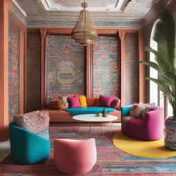 A vibrant working space beautifully designed with modern Arabic style, full of bold, colorful elements, ornate patterns, and contemporary furniture.