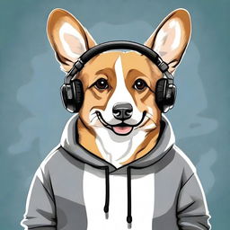 A high-resolution, real-life photograph presents a tough-looking corgi wearing a street-style hoodie and headphones