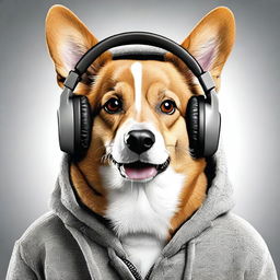 A high-resolution, real-life photograph presents a tough-looking corgi wearing a street-style hoodie and headphones