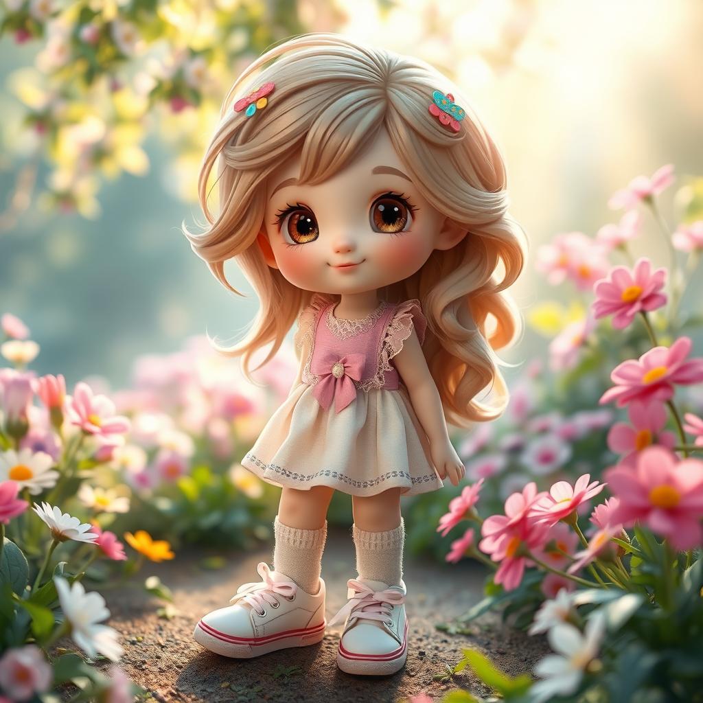 A smaller, cuter, and more feminine version of a boy with soft features, big sparkling eyes, and a gentle smile
