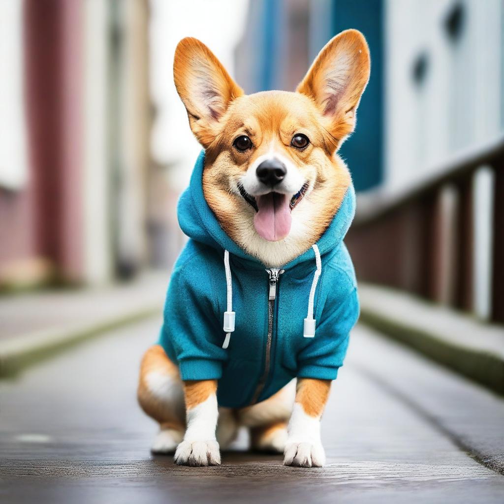 This is a high-definition, real-life photograph of a tough-looking corgi, wearing a street-style hoodie and headphones, confidently walking up a ramp