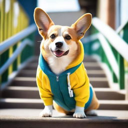 This is a high-definition, real-life photograph of a tough-looking corgi, wearing a street-style hoodie and headphones, confidently walking up a ramp