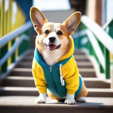 This is a high-definition, real-life photograph of a tough-looking corgi, wearing a street-style hoodie and headphones, confidently walking up a ramp
