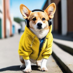 This is a high-definition, real-life photograph of a tough-looking corgi, wearing a street-style hoodie and headphones, confidently walking up a ramp