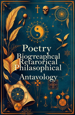 A visually striking anthology cover for a poetry collection featuring themes of biography, rhetoric, and philosophy