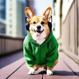 This is a high-definition, real-life photograph of a tough-looking corgi, wearing a street-style hoodie and headphones, confidently walking up a ramp