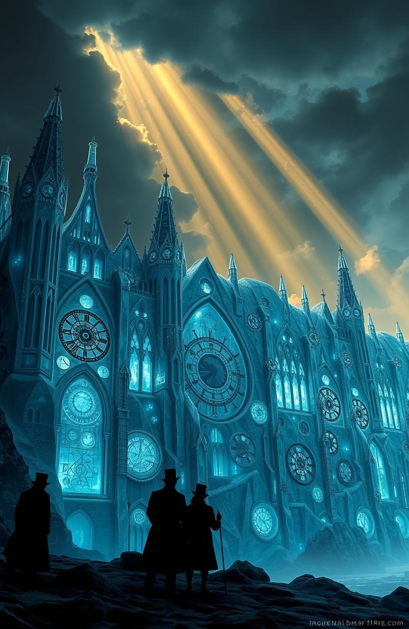 A monumental ice wall inspired by Victorian Gothic architecture, stretching infinitely across the horizon