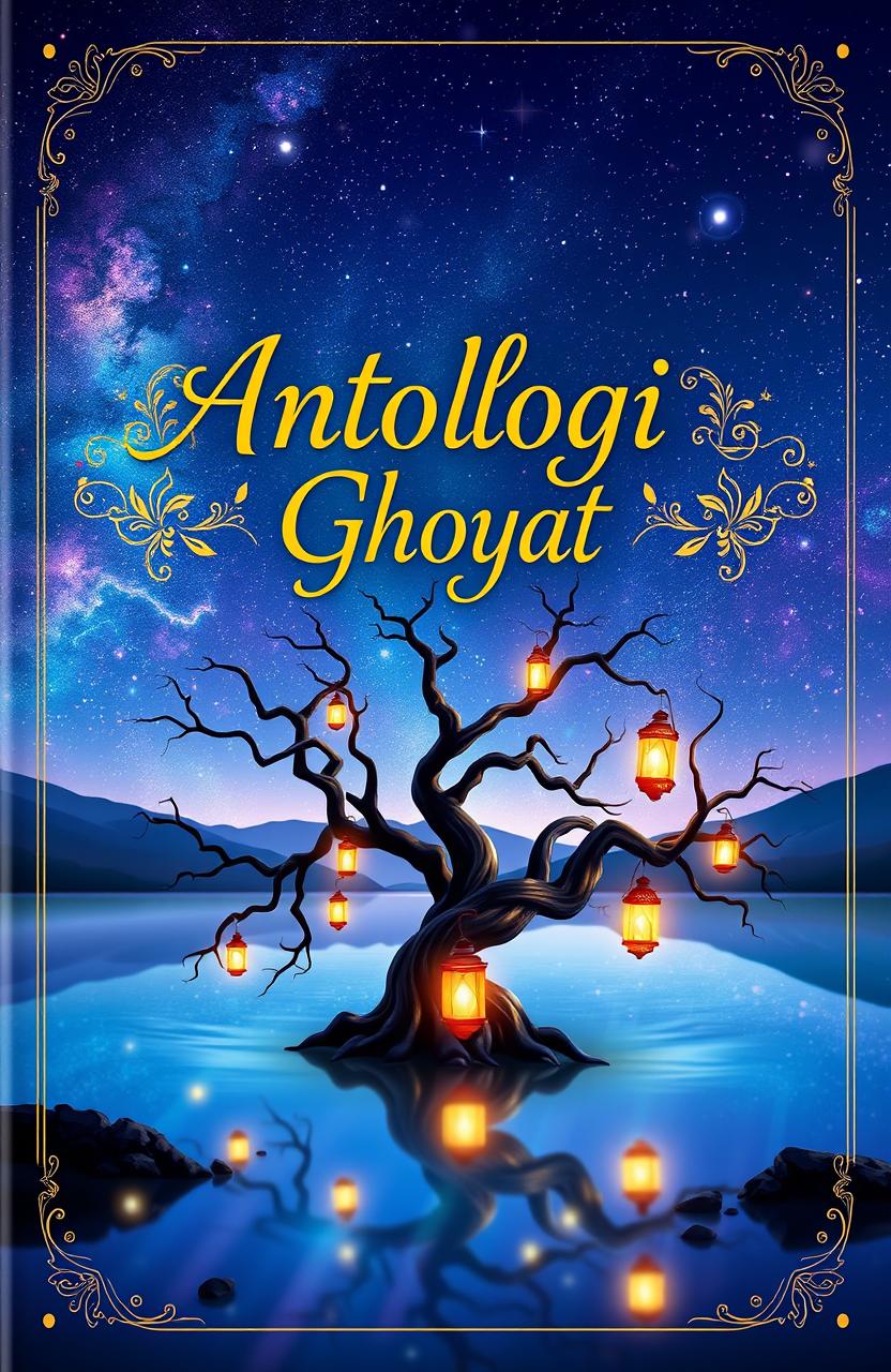 A mystical and enchanting cover for a book titled 'Antologi Ghoyat'