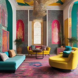 A vibrant working space beautifully designed with modern Arabic style, full of bold, colorful elements, ornate patterns, and contemporary furniture.