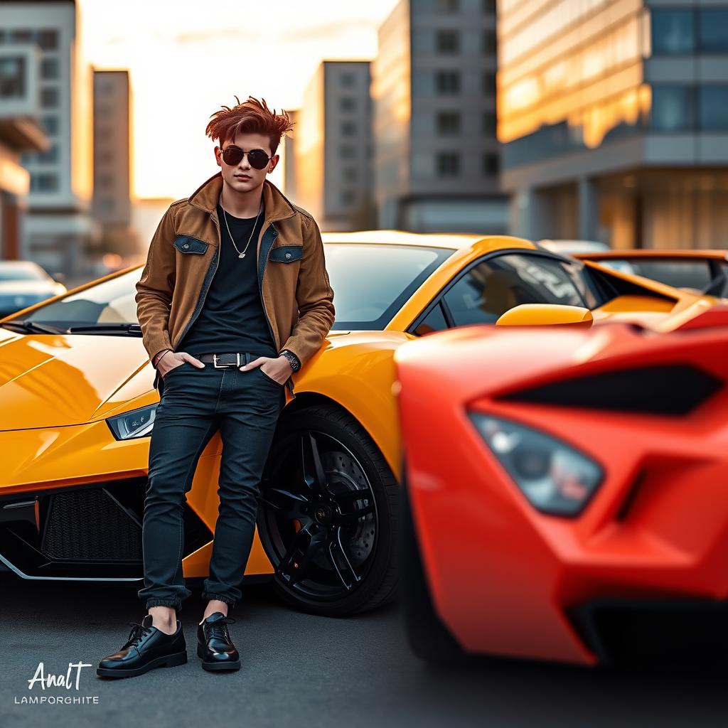 A stylish young person, exuding confidence and flair, leaning against a vibrant Lamborghini sports car, set in an urban environment
