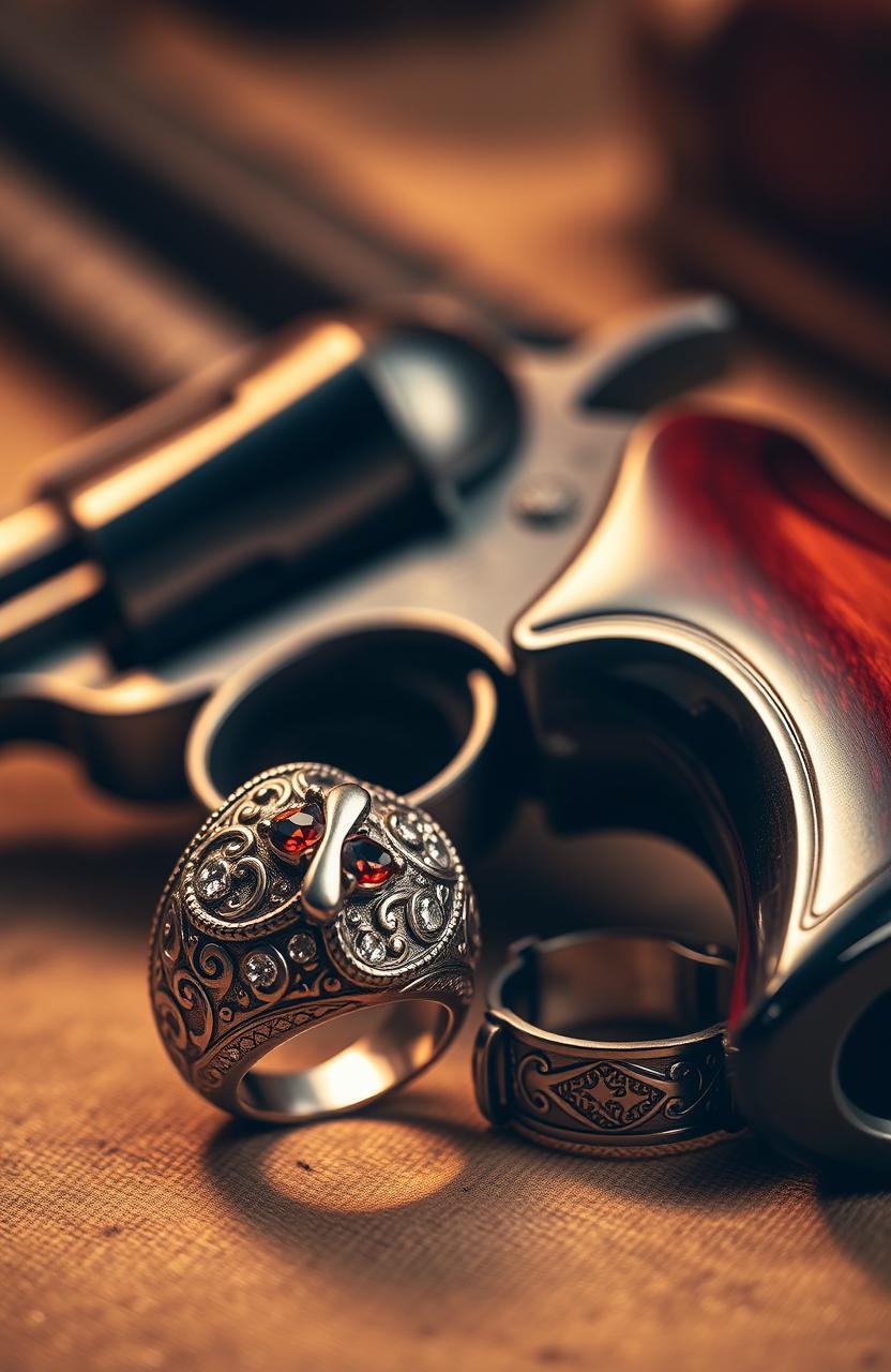 A vintage-style photograph featuring a finely crafted, elegant ring lying next to an ornate pistol