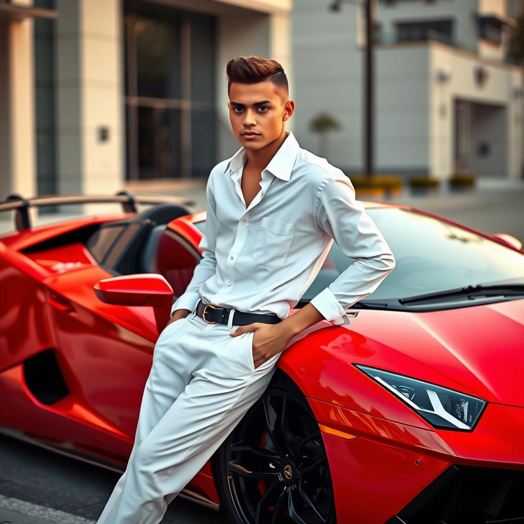 A stylish young person with neatly cropped short hair, dressed in a crisp white shirt and stylish long pants, confidently posing next to a striking red Lamborghini sports car