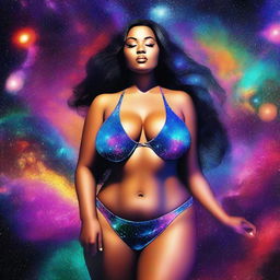 A digital art image of a curvaceous woman dressed in a snug bikini, set against a backdrop of a vibrant and stunning galaxy