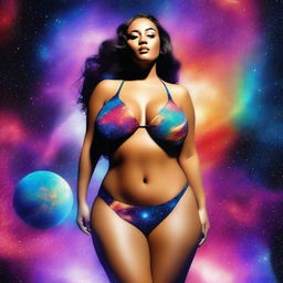 A digital art image of a curvaceous woman dressed in a snug bikini, set against a backdrop of a vibrant and stunning galaxy