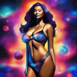 A digital art image of a curvaceous woman dressed in a snug bikini, set against a backdrop of a vibrant and stunning galaxy