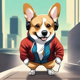 A high-quality, real-life photograph depicts a corgi with a gangster vibe, wearing a hoodie, listening to rap music through headphones while sauntering up a ramp