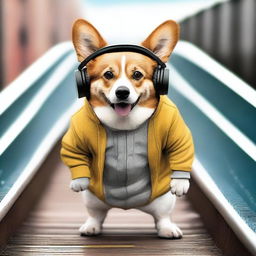 A high-quality, real-life photograph depicts a corgi with a gangster vibe, wearing a hoodie, listening to rap music through headphones while sauntering up a ramp