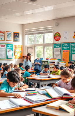 A vibrant educational scene featuring a bustling classroom filled with diverse students engaged in various learning activities, such as reading, writing, and collaborating on group projects