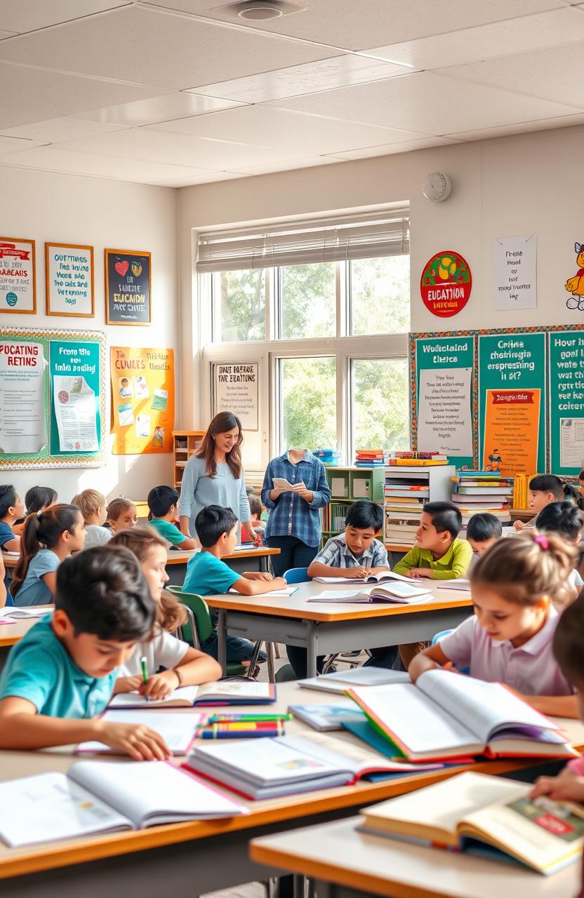 A vibrant educational scene featuring a bustling classroom filled with diverse students engaged in various learning activities, such as reading, writing, and collaborating on group projects