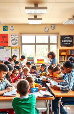 A vibrant educational scene featuring a bustling classroom filled with diverse students engaged in various learning activities, such as reading, writing, and collaborating on group projects