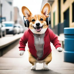 A high-quality, real-life photograph depicts a corgi with a gangster vibe, wearing a hoodie, listening to rap music through headphones while sauntering up a ramp