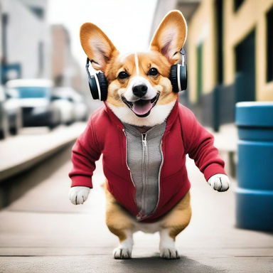 A high-quality, real-life photograph depicts a corgi with a gangster vibe, wearing a hoodie, listening to rap music through headphones while sauntering up a ramp