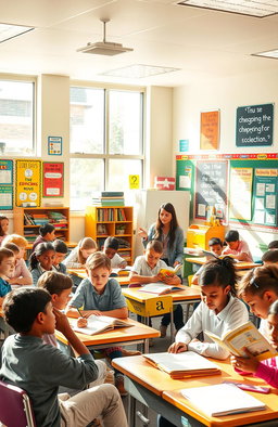 A vibrant educational scene featuring a bustling classroom filled with diverse students engaged in various learning activities, such as reading, writing, and collaborating on group projects