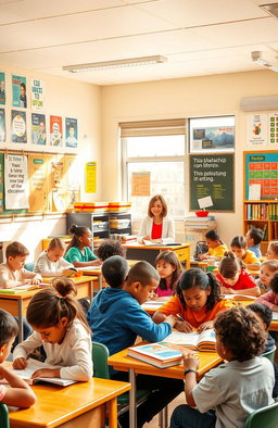 A vibrant educational scene featuring a bustling classroom filled with diverse students engaged in various learning activities, such as reading, writing, and collaborating on group projects