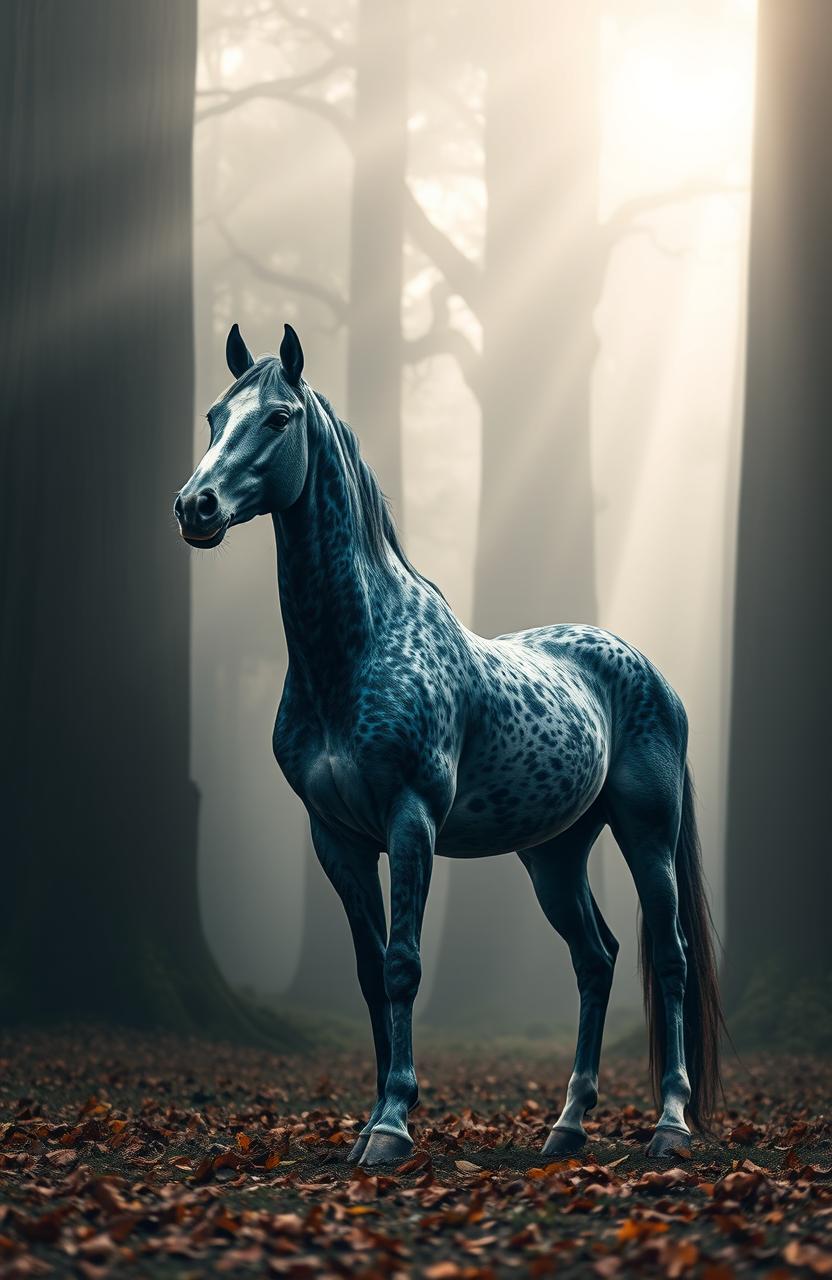 A stunning peacock Appaloosa mare standing gracefully in a dark, foggy forest