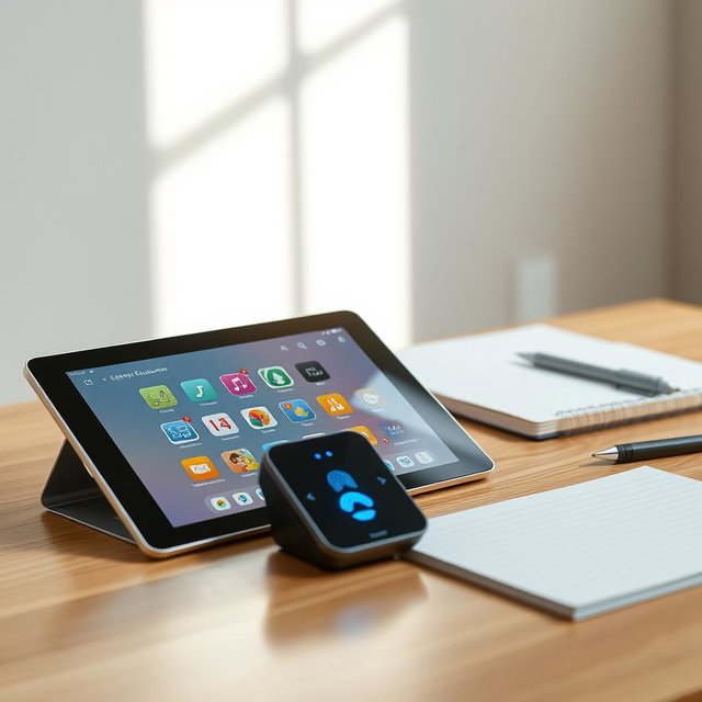 A sleek, modern portable tablet displaying a vibrant user interface filled with educational apps and interactive content