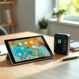 A sleek, modern portable tablet displaying a vibrant user interface filled with educational apps and interactive content