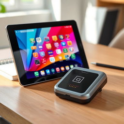 A sleek, modern portable tablet displaying a vibrant user interface filled with educational apps and interactive content